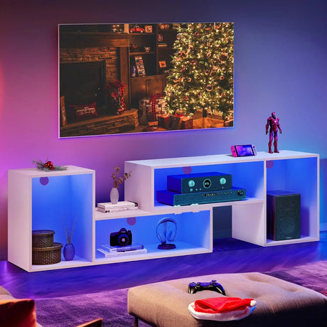 TV cabinet with LED light strip, multifunctional TV stand cabinet with storage partition, easy to organize, sturdy and stable