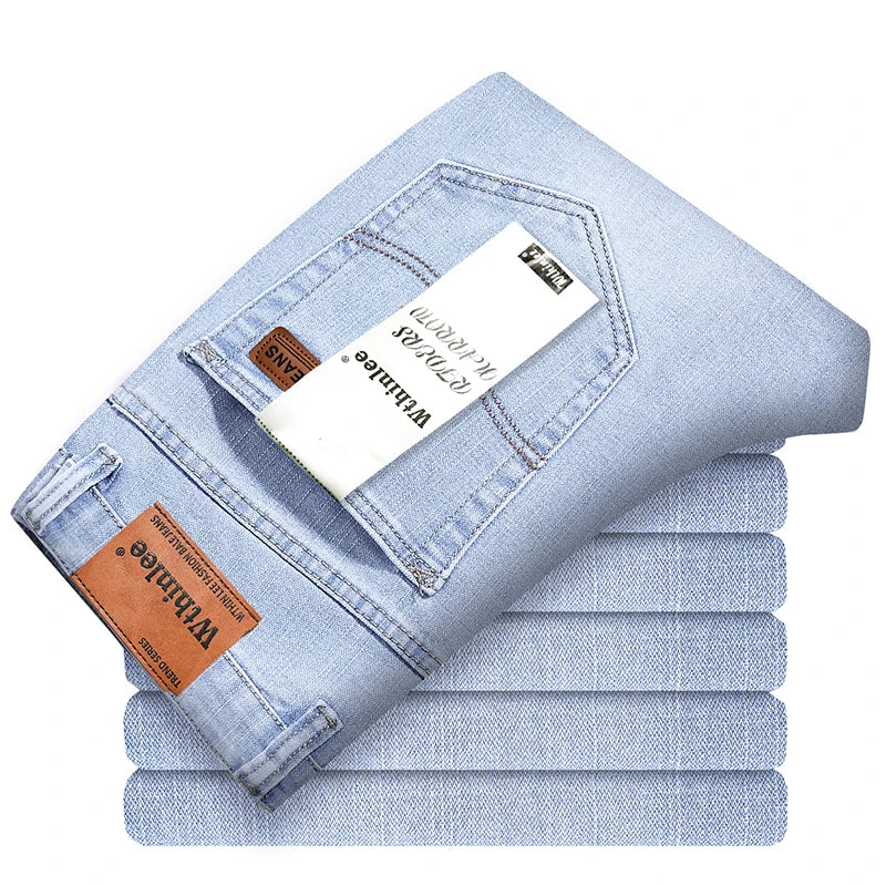 Summer Men's Stretch  Classic Style Business Jeans Casual Straight Slim Fit Versatile Men's High Quality Sky Blue Denim Trousers