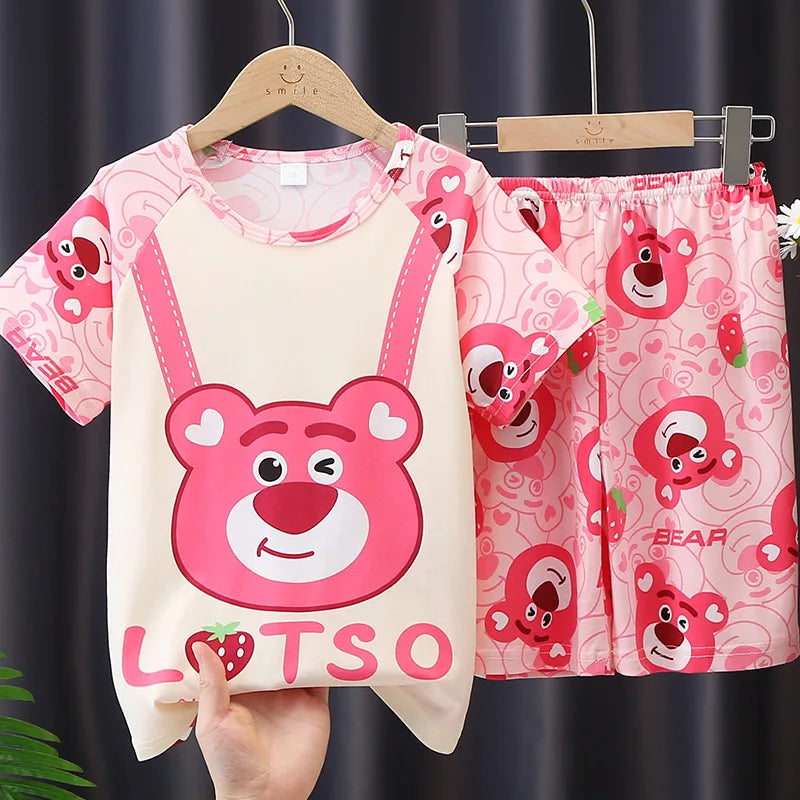 Anime Summer Kids Ice Silk Pajamas Kawaii MyMelodys Kuromis Cinnamorolls Cartoon Short Sleeve Cardigan Loungewear Set