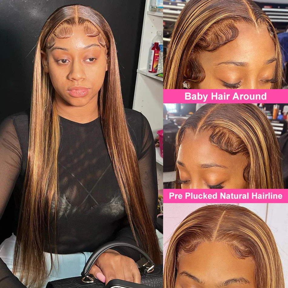 34Inch Bone Straight Highlight Lace Front Human Hair 4/27 Ombre 13x6 Lace Frontal Wigs 13x4 Honey Blonde Colored Wigs For Women