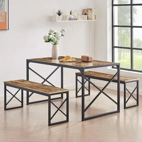 Kitchen Table with 2 Benches for 4-6,Wood Dining Room Dinette Sets with Metal Frame for Breakfast Nook and Small Space