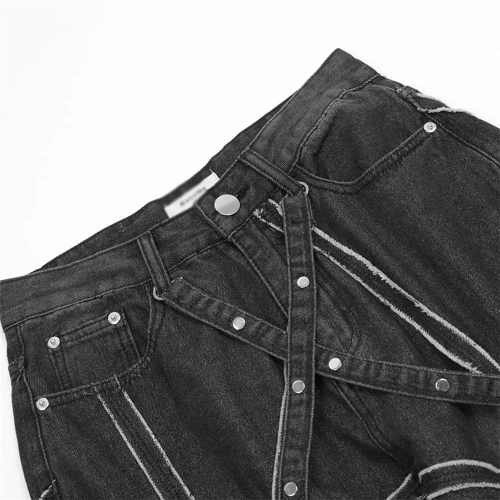 Vintage Gear Patch Punk Jeans High Street Spiderweb Straight Leg Pants Men's Wide Leg Pants Black Cargo Pants Y2k Clothes Baggy