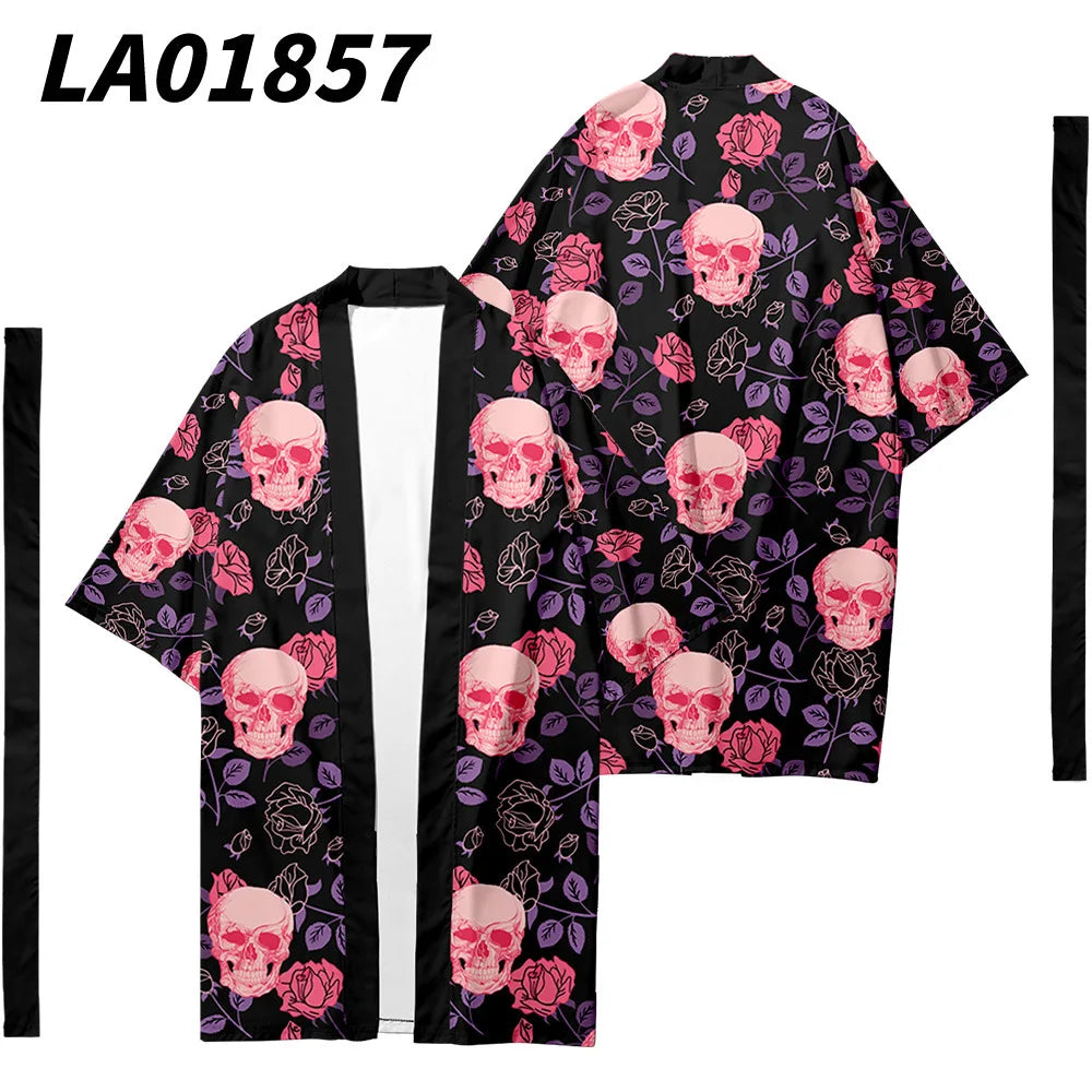 Men's Japanese Long Kimono Cardigan Men's Samurai Costume Kimono Fireworks Pattern Kimono Shirt Yukata Outer Cover