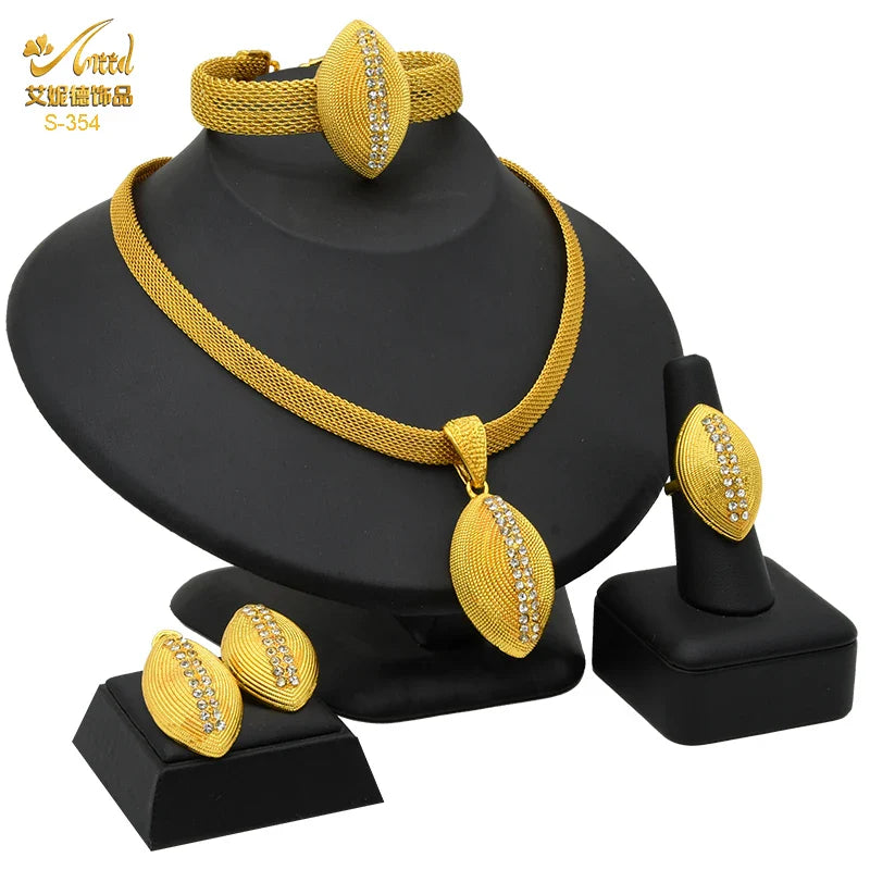 Indian Luxury Necklace Jewelry Sets For Women Dubai Gold Color African Arabic Wedding Bridal Collection Sets Earring Jewellery