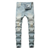 Simple Style Retro Solid Holes Skinny Men Jeans Trousers Stylish Male Ripped Stretch Jogging Casual Denim Pants