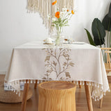 Embroidery Anglicanum Tassel Tablecloth, Cotton Linen Dust Proof Table Cover, for Kitchen Dining Room,Home Party Tabletop Decor