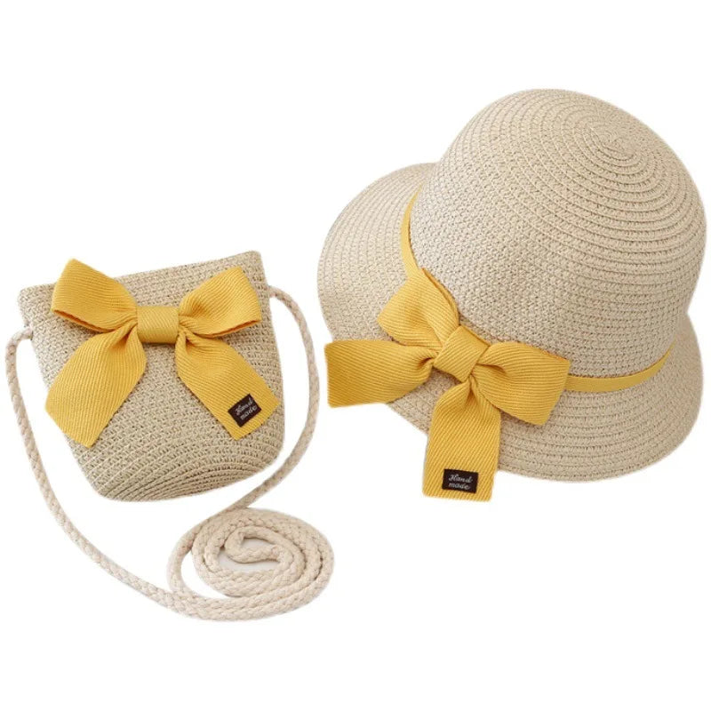 2pcs Set Summer Straw Hat With Bag For Girls Casual Bowknot Sunhat Children Protection Visor Caps Outdoor Beach Bucket Hat