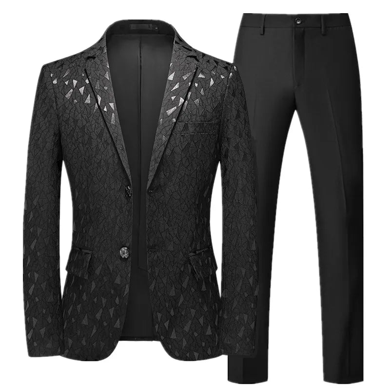 Fashion Brand Men's Jacquard Suit Classic Black / White / Blue Business Wedding Banquet Party Dress Men Blazers and Pants