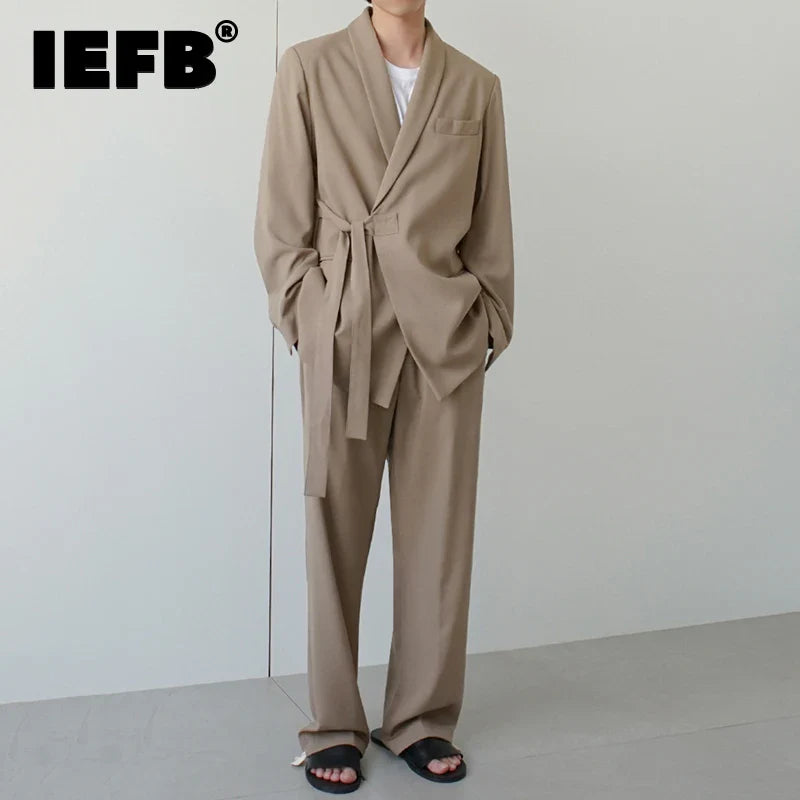 IEFB Trend Men's Cotton Suit Sets Korean Business Casual Coat Loose Bandage Belt Blazers Autumn Blazer Straight Pants 9Y600301A