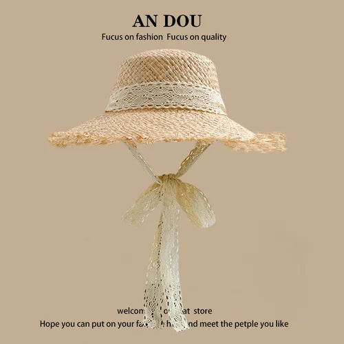 Spring Summer Korean Sweet Big Brim Straw Sun Hat Women Seaside Sunshade Sunscreen Straw Bucket Hat Basin Hat