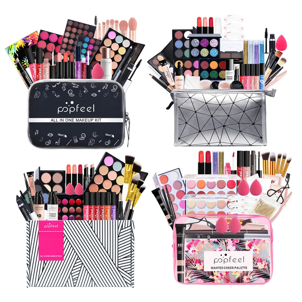 POPFEEL All In One Makeup Set (Eyeshadow, Ligloss, Lipstick, Brushes, Eyebrow, Concealer, Highlight) Cosmetic Bag Eye Shadow Kit