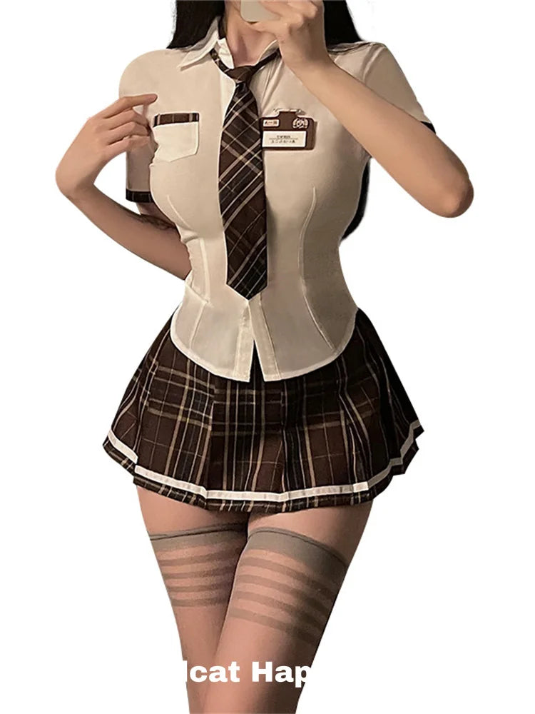 Sexy Lingerie School Student Uniform Role Play Costume Women Cute Mini Skirt Tight Blouse Set Porn College Girl Cosplay Anime