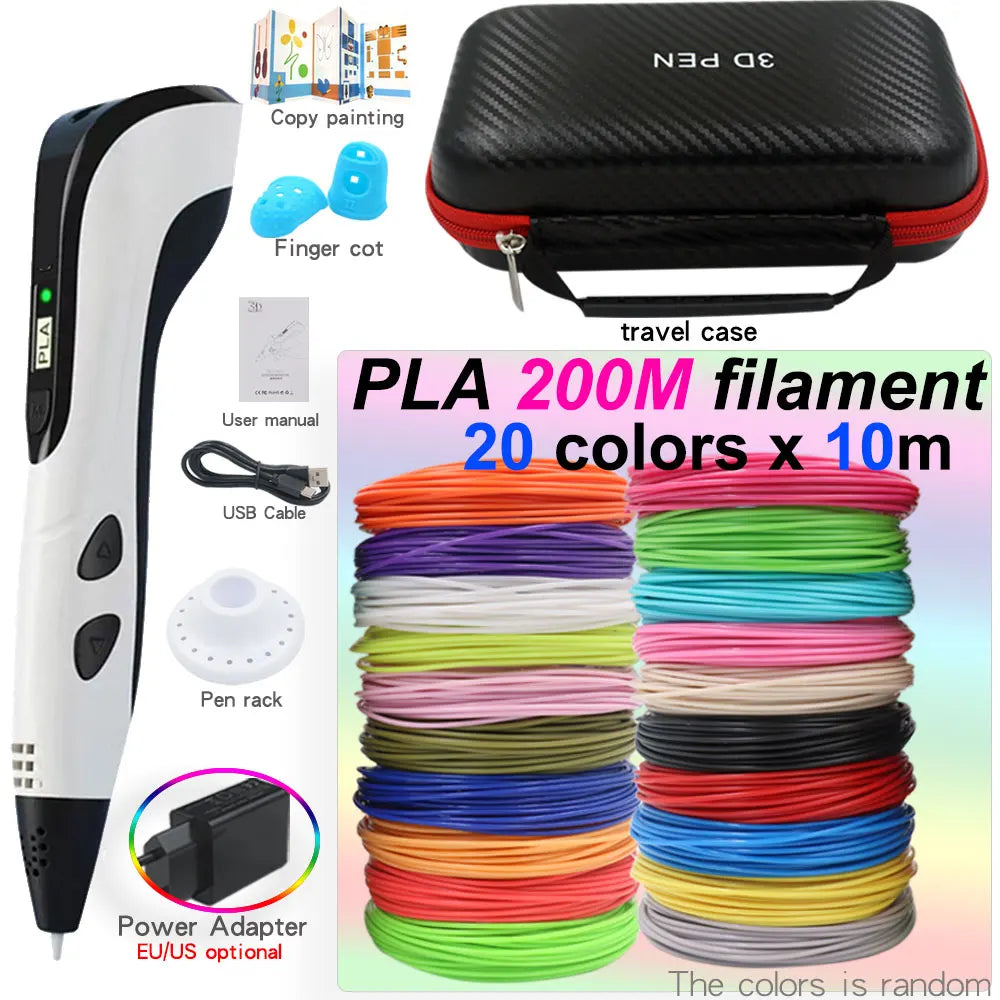 Kids' 3D Printing Pen Set with LED Display - Includes 200M PLA Filament, Power Adapter, and Storage Case - Perfect Gift for Christmas or Birthdays!