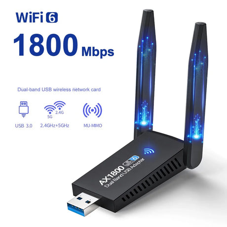 1800M USB WIFI 6 Adapter Dual Antenna 1300M Network Card AX1800 Dual Band 2.4G 5G WiFi Adapter for PC Laptop Tablet Controller