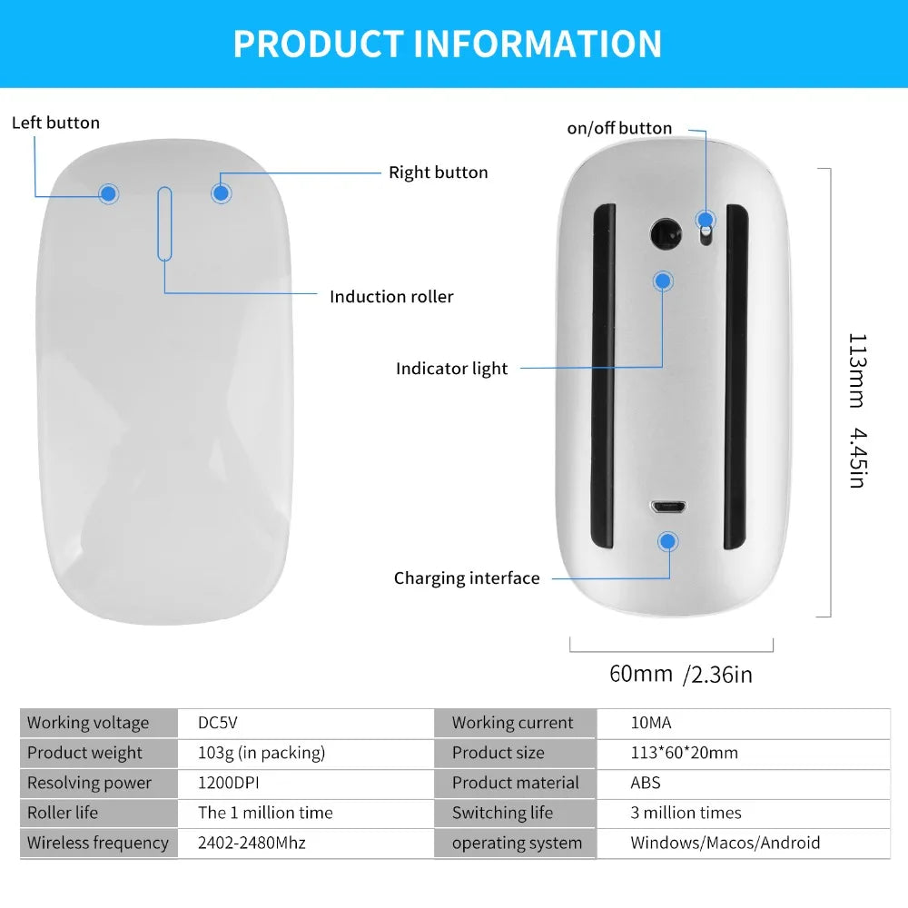 Bluetooth Wireless Mouse Arc Touch Magic Mice Ergonomic Ultra Thin Rechargeable Mouse Optical 1600 DPI Mause For Apple Macbook