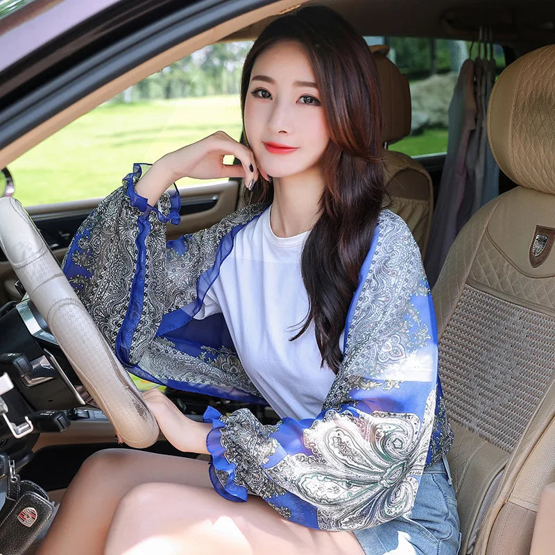 Spring Summer Chiffon Sunscreen Fake Collar Clothing Shawl Outdoor Riding Cashew Printing Sun Protection Sleeves Silk Scarf Wrap