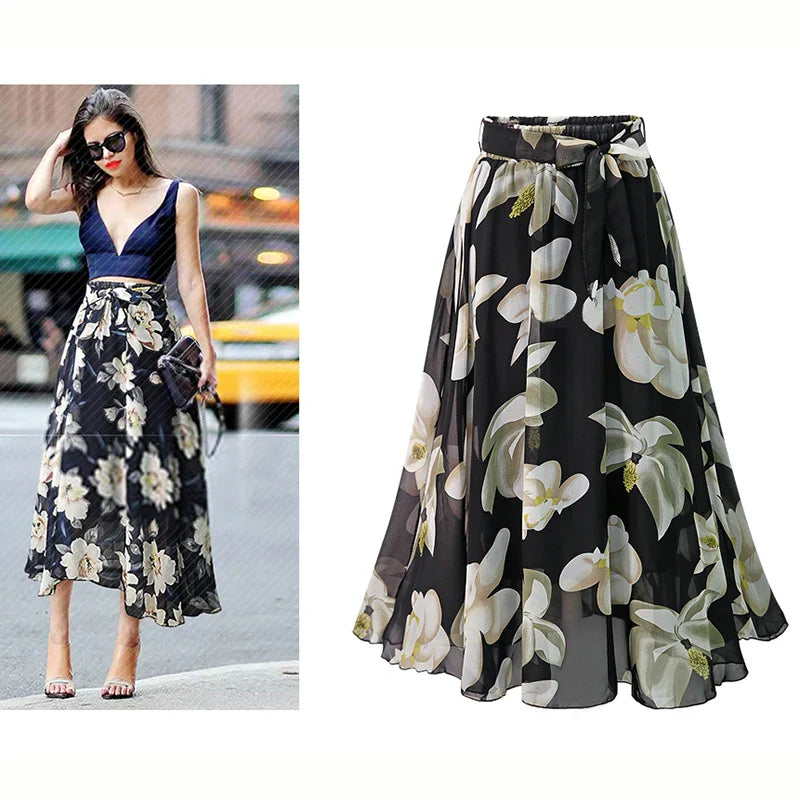 Plus Size Print Floral Skirt Women 2023 Summer Loose Elastic High Waist Chiffon Midi Skirts Lace Up Bow L-5XL Swing Jupe Femme