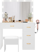 DWVO Makeup Vanity with Large Lighted Mirror, Vanity with Power Outlet, 3 Color Lighting Modes, Adjustable Brightness, 4 Drawers