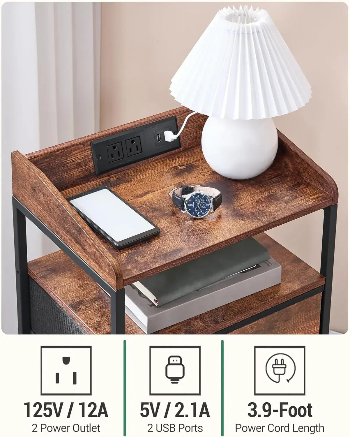 Nightstands with LED Lights  Charging Station, End Table  3 Fabric Storage Drawers  Shelves, Modern Side Tabl