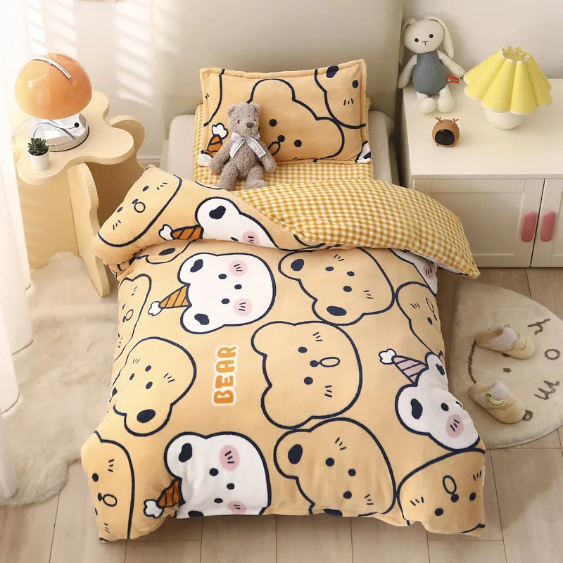 Baby Cartoon Print Bedding Set Duvet Covers Pillowcases Set Autumn Winter Warm Suede Bedclothes Bed Linen CP29