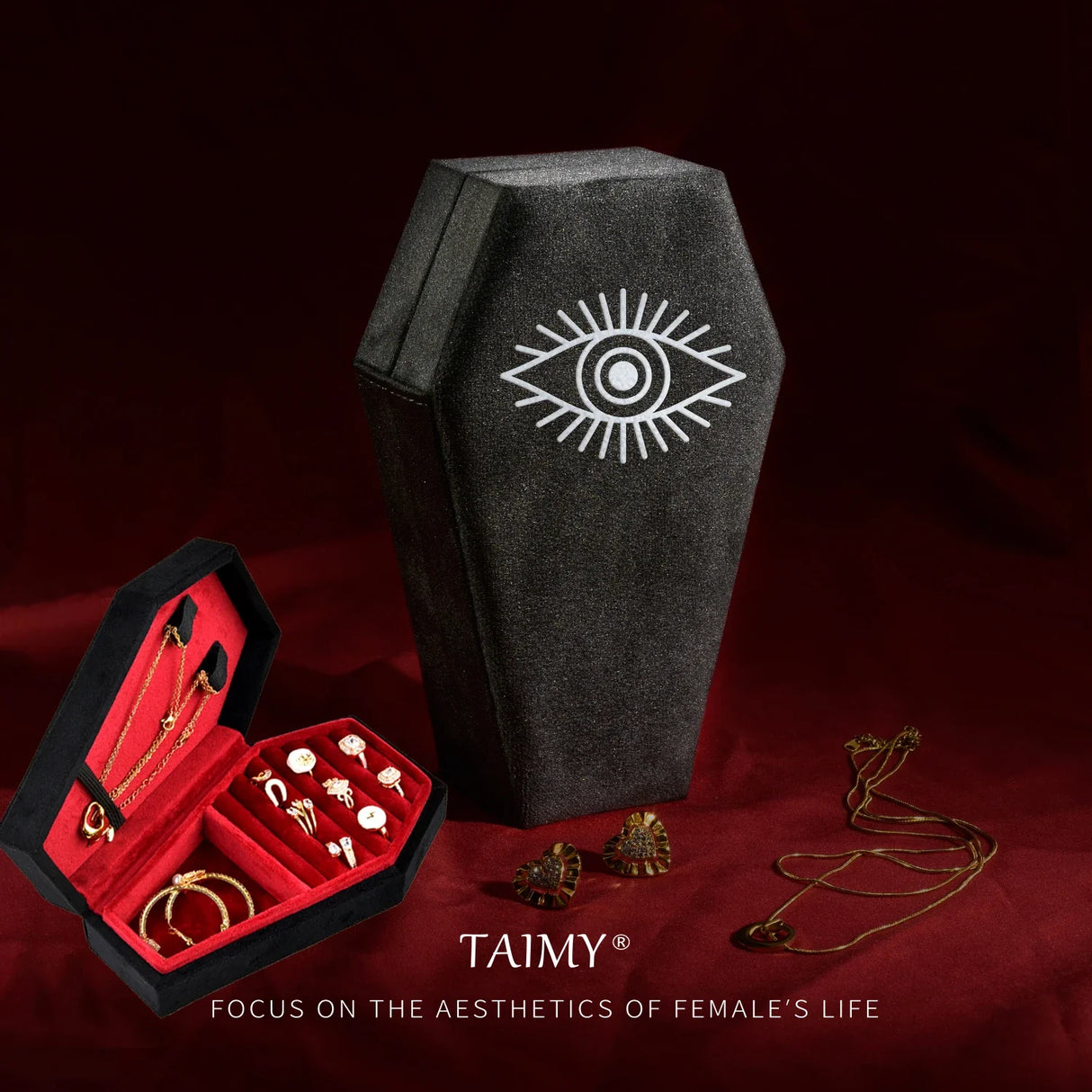 TAIMY Gothic Velvet Jewelry Coffin Shape Ring Necklace Storage Box Logo Custom Display Packaging Case Travel Hip Hop Rap Boxes