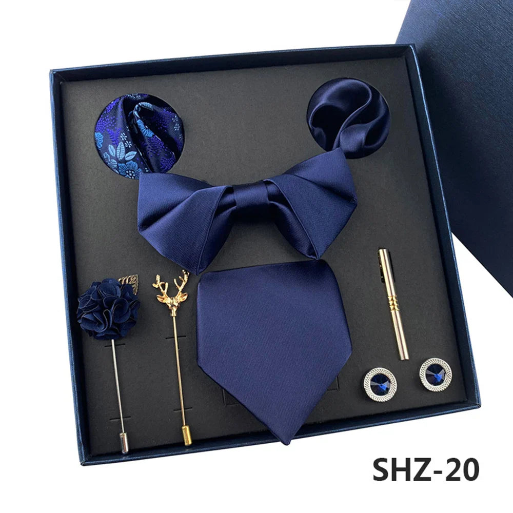 Men's Tie Set Gift Box Fashion Brand Bowtie Pocket Squares Brooch Cufflinks Clip Suit For Men Business Necktie Wedding Party Tie