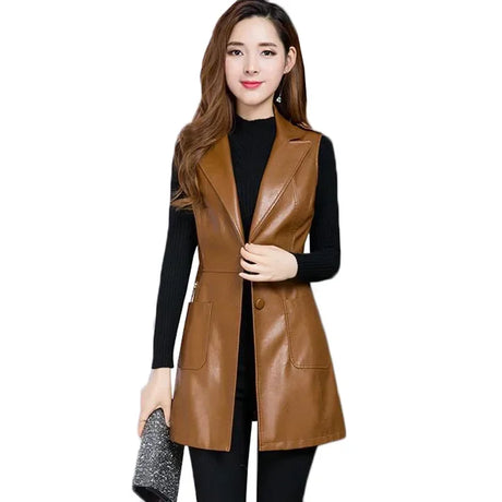 Faux Leather Vest Women's Clothing 2022 PU Autumn Jacket Korean Solid Sleeveless Vest Mid Long Coat Female Waistcoat Outerwear