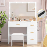 DWVO Makeup Vanity with Large Lighted Mirror, Vanity with Power Outlet, 3 Color Lighting Modes, Adjustable Brightness, 4 Drawers