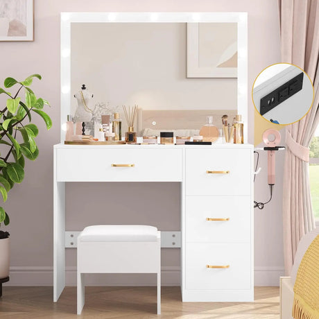 DWVO Makeup Vanity with Large Lighted Mirror, Vanity with Power Outlet, 3 Color Lighting Modes, Adjustable Brightness, 4 Drawers