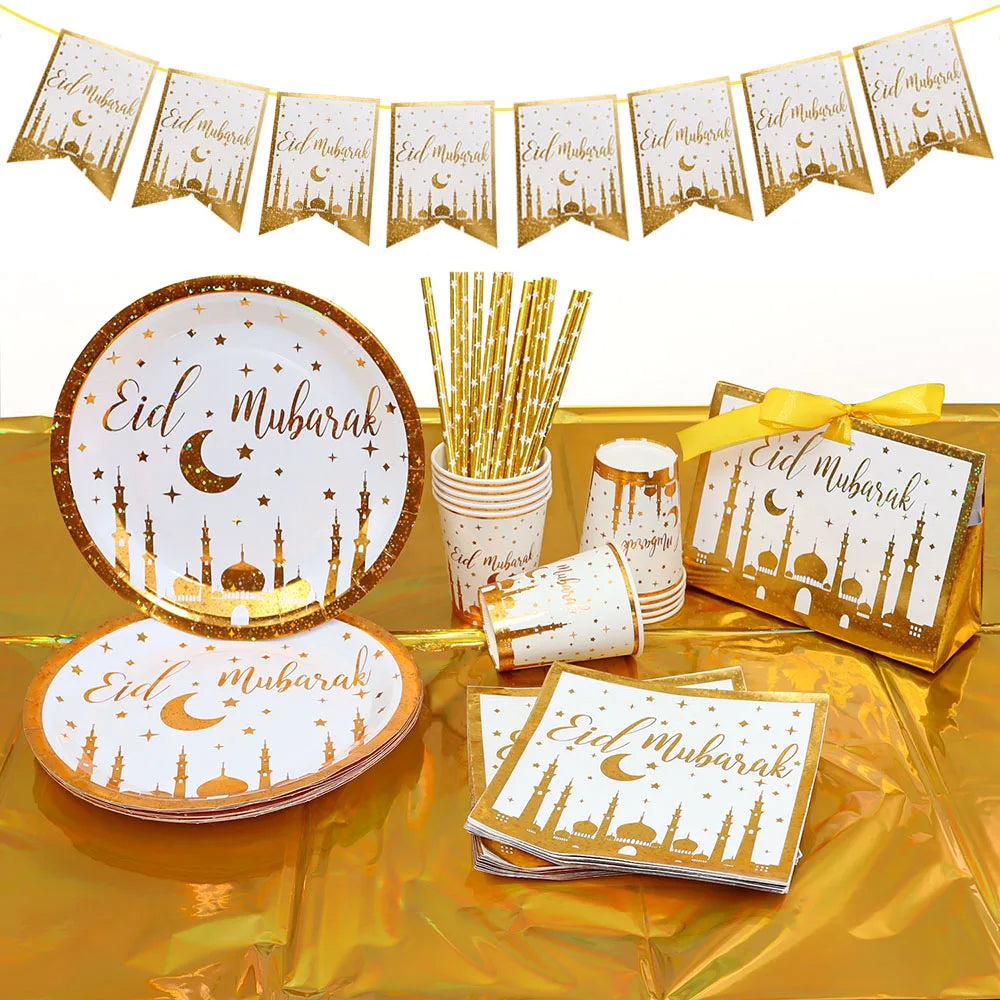 Gold Eid Mubarak Disposable Tableware Star Moon Gilded Plate Cup Gift Box EID Party Supplies 2024 Ramadan Mubarak Kareem Decor