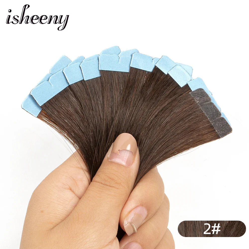 Isheeny Mini Tape Hair Extensions 12"-24" Machine Remy Skin Weft Adhesive Tape In Human Hair Natural Black Brown Blonde Tape On