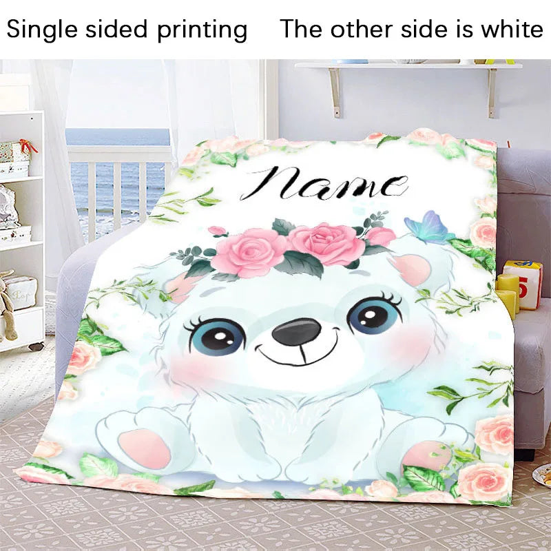 Custom Name Blanket Kawaii Baby Girl Boy Kids Personalized Blankets Cartoon Animal Cute Soft Flannel Throw Blanket Birthday Gift