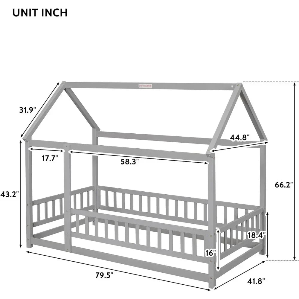 Twin Room - Floor Bed, Children with Fence and Roof, Girls, Boys (Twin, Gray) , Wooden Montessori Bed