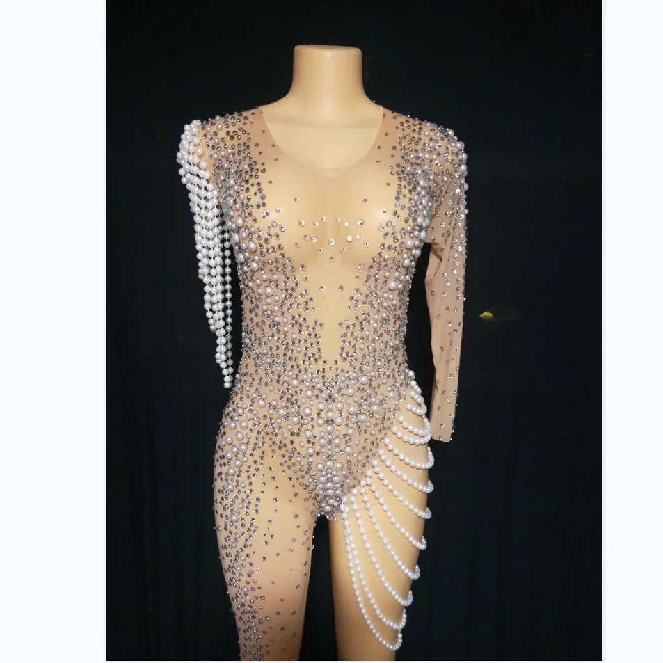 See Through Jumpsuits Women Pearl Rhinestone Gogo Dancer Showgirl Costume Rave Festival Outfit Clothing Party Nightclub Bodysuit