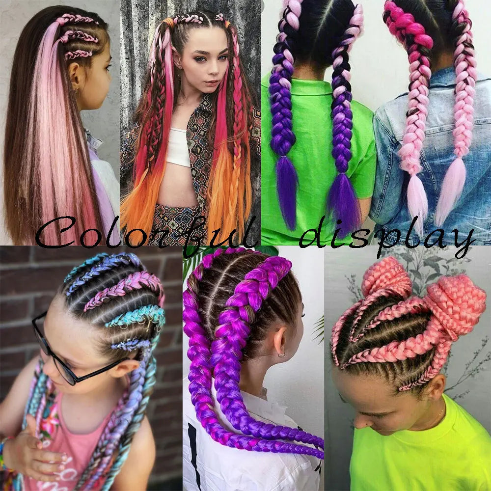 AZQUEEN 24 Inch Jumbo Box Braids Extensions Synthetic Braiding Hair DIY Hair Braids For Children Pink Purple Yellow Gray