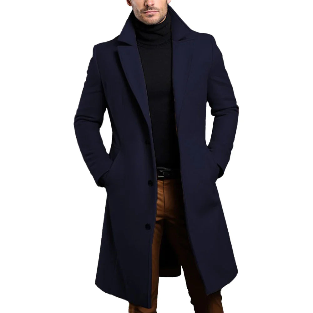 Atutumn Winter Long Warm Wool Trench Coat For Men Solid Color Single Breasted Luxury Wool Blends-Overcoat Tops Coats Clothing