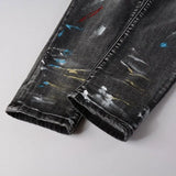 Skinny Tapered Trouser New Retro Splash Ink Jean Old Wash Water Stretch Jean  Hombre Patch Biker Streetwear Ripped Denim Pant