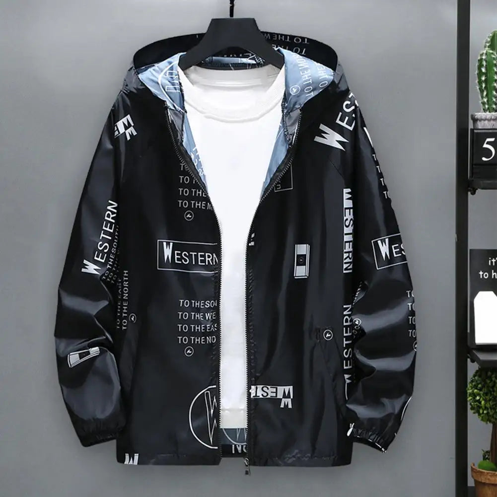 Men Windbreakers Hooded Jacket Zipper Closure Anti-UV Breathable Windproof Elastic Cuff Letter Print Cool Coat Male Outerwear