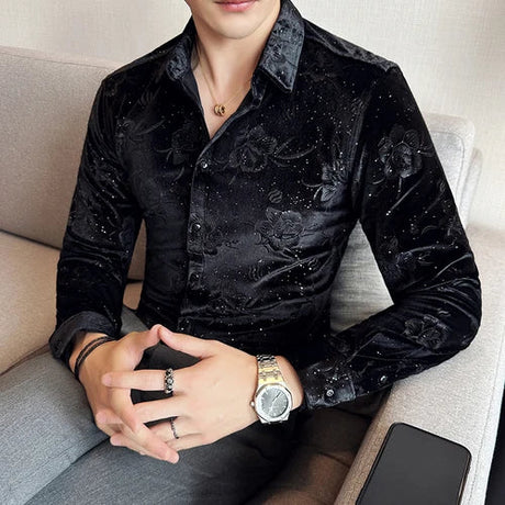 Men's Autumn Winter Velvet Flower Shirt New Luxury Printed Long Sleeved Casual Business Dress Shirts Formal Social Party Tuxedo