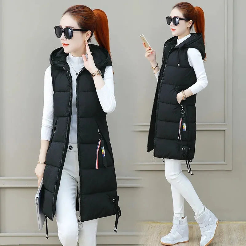 2023 New Autumn Winter Women Long Parkas Vest Warm Hooded Down Coat Parka Ladies Sleeveless Waistcoat Jacket Outwear