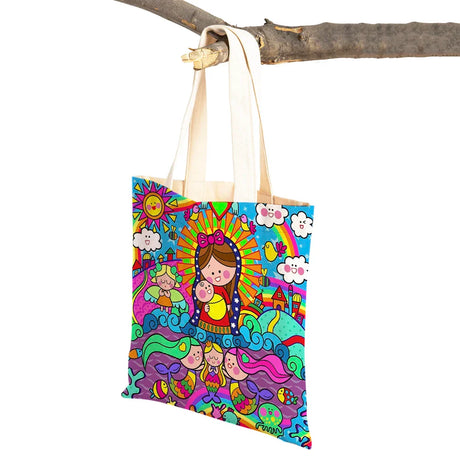 Ladies Shopping Bag Cartoon Virgin Mary Series Handbag Foldable Reusable Cloth Shopper Harajuku Style Student Canvas Tote