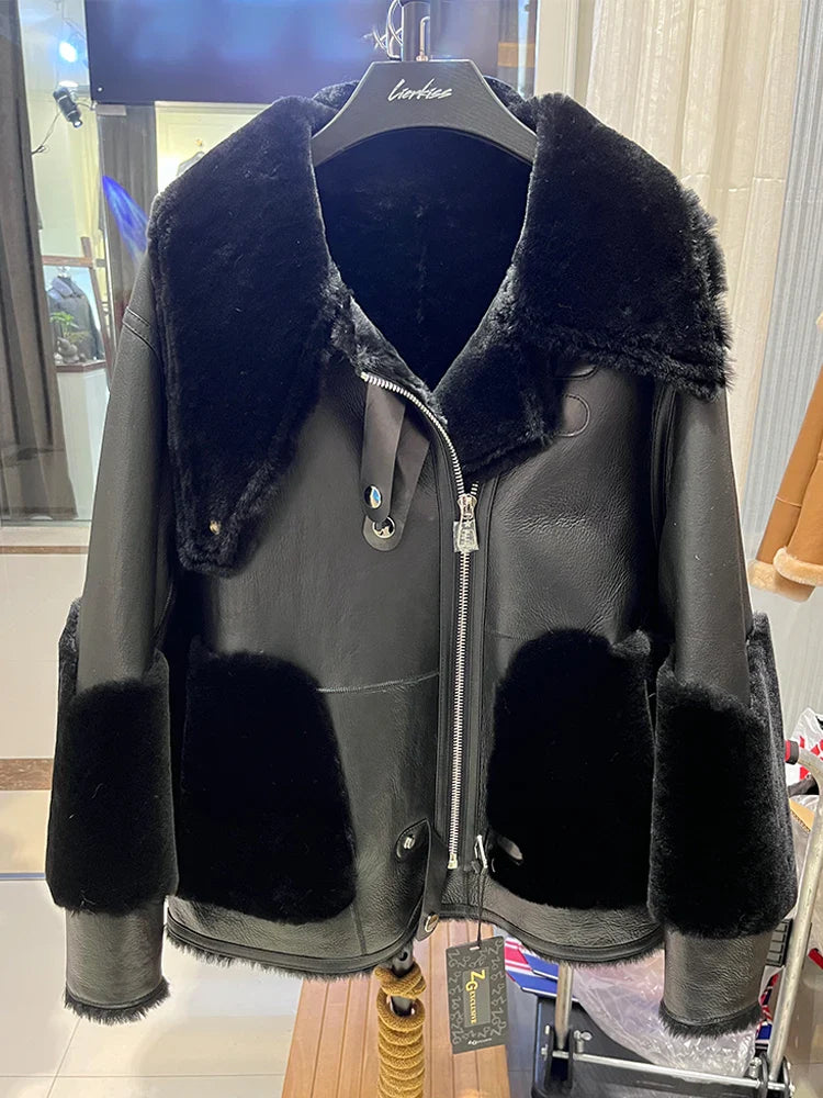 New Winter Women Real Natural Merino Sheep Fur Coat Genuine Leather Jacket Thick Warm Locomotive Suit Luxury Female Coats