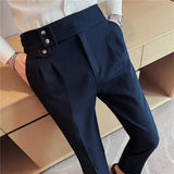 British Style Men High Waist Dress Pants 2023 Autumn Solid Color Casual Trousers Slim Fit Formal Suit Pants Fashion Men Clothing