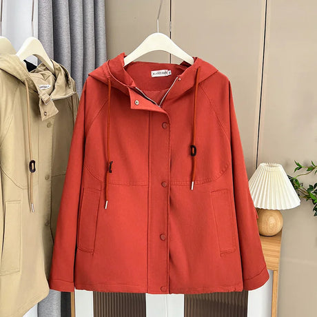 Washed Cotton Solid Color Zipper Hooded Jacket Womens Plus Size Autumn 2023 Casual Clothing Fashion Outwear Curve Coats F21 6821