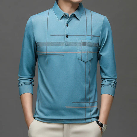 Spring Autumn Striped Business Polo Shirt Men's Long Sleeve Pullover T Shirt Turn-down Collar Tops