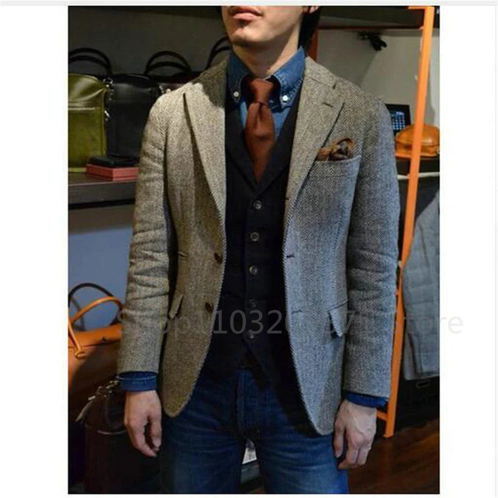 Men's Suit Brown Herringbone Blazer Prom Tuxedos Wool Tweed Single Breasted Formal Bussiness/Wedding Prom Jacket (Only Coat)