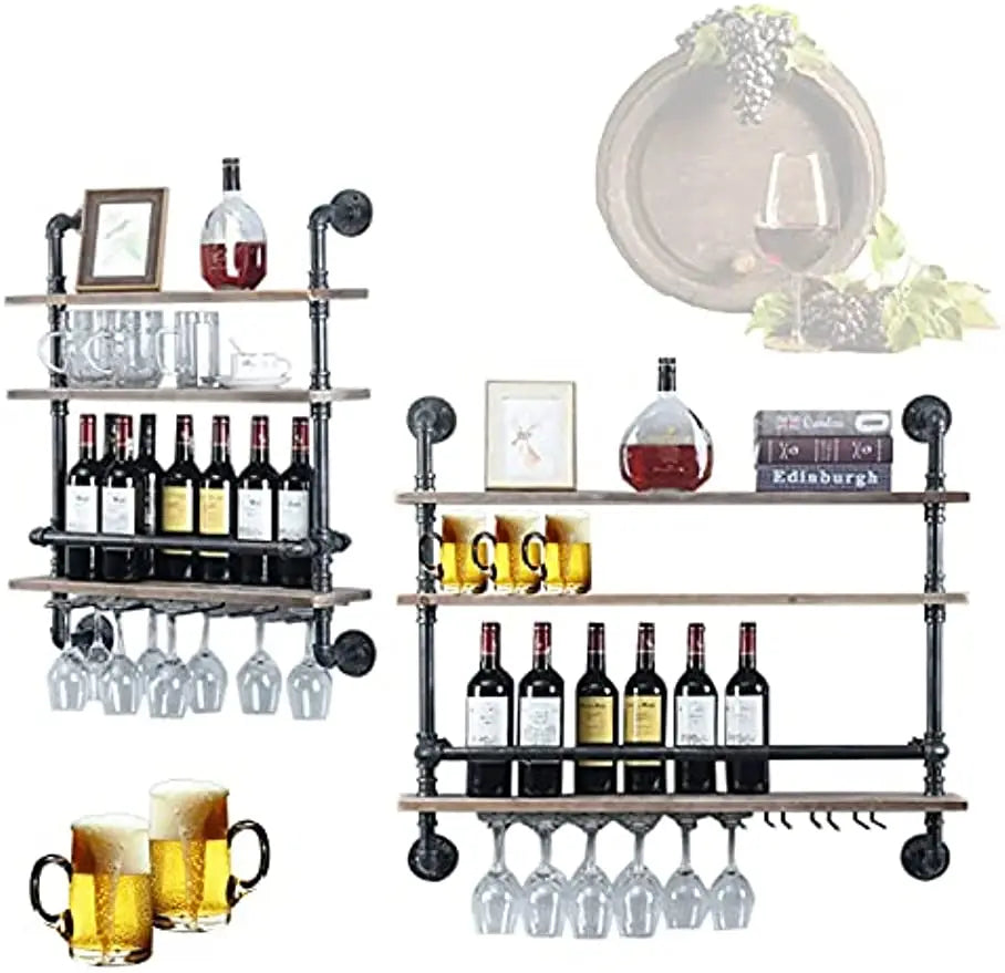 Industrial Pipe Shelf Wine Rack Wall Mounted with Stem Glass Holder 3-Tiers Rustic Floating Bar Shelves Wine Shelf Bar Cabinet