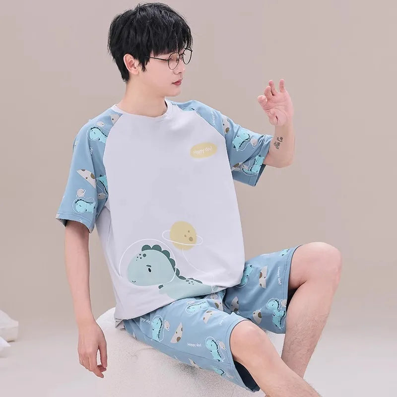 Cartoon Mens Nightwear Summer Comfortable Sleepwear Sleeping Tops Shorts 2 Pieces Pijamas Set Man Leisure Homewear Male Dropship