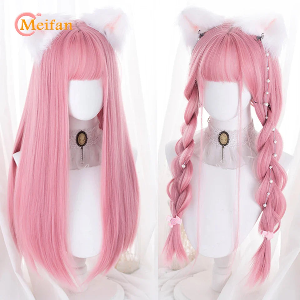 MEIFAN Synthetic Long Straight Lolita Wig with Bangs Wig Girl Cute Mixed Black Red Blonde Cosplay Party Halloween Harajuku Wig