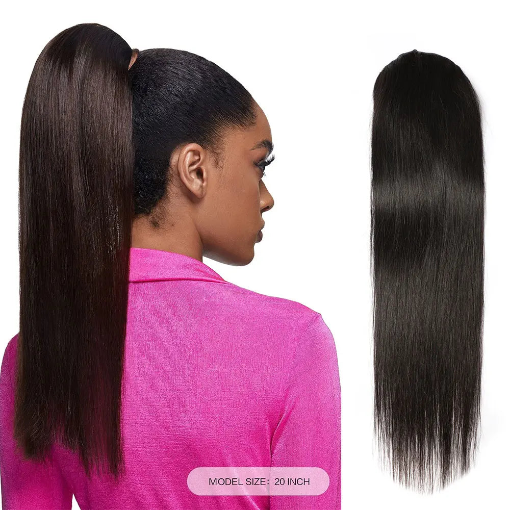 Straight Ponytail Extensions Human Hair Newmi  Natural Black Drawstring Ponytail Human Hair Extension for Women 100-130g/pc